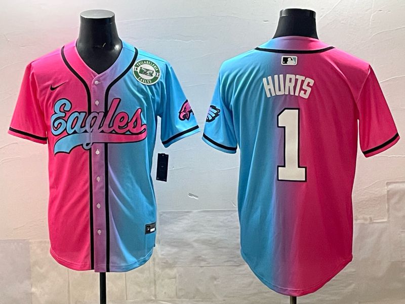 Men 2025 Philadelphia Eagles #1 Hurts Blue pink Nike Limited NFL Jersey style 08